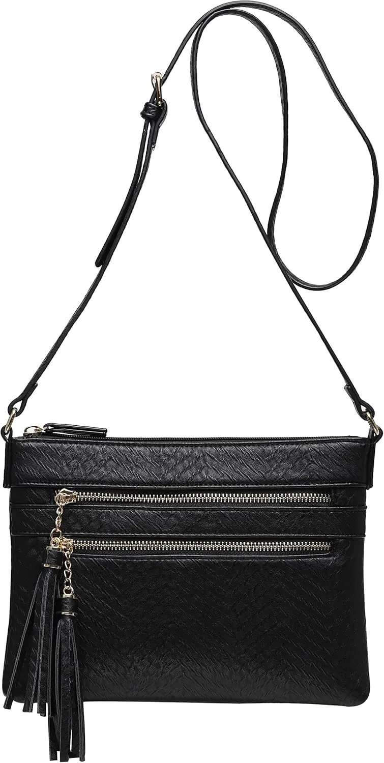 B BRENTANO Vegan Multi-Zipper Crossbody Handbag Purse with Tassel Accents