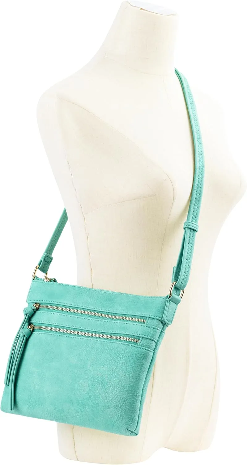 B BRENTANO Vegan Multi-Zipper Crossbody Handbag Purse with Tassel Accents
