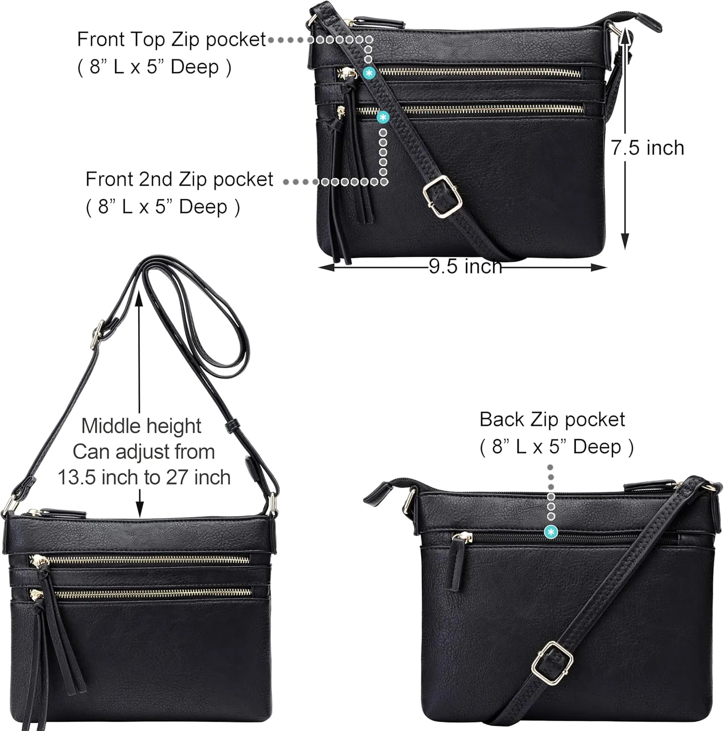 B BRENTANO Vegan Multi-Zipper Crossbody Handbag Purse with Tassel Accents