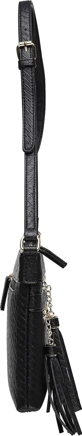 B BRENTANO Vegan Multi-Zipper Crossbody Handbag Purse with Tassel Accents