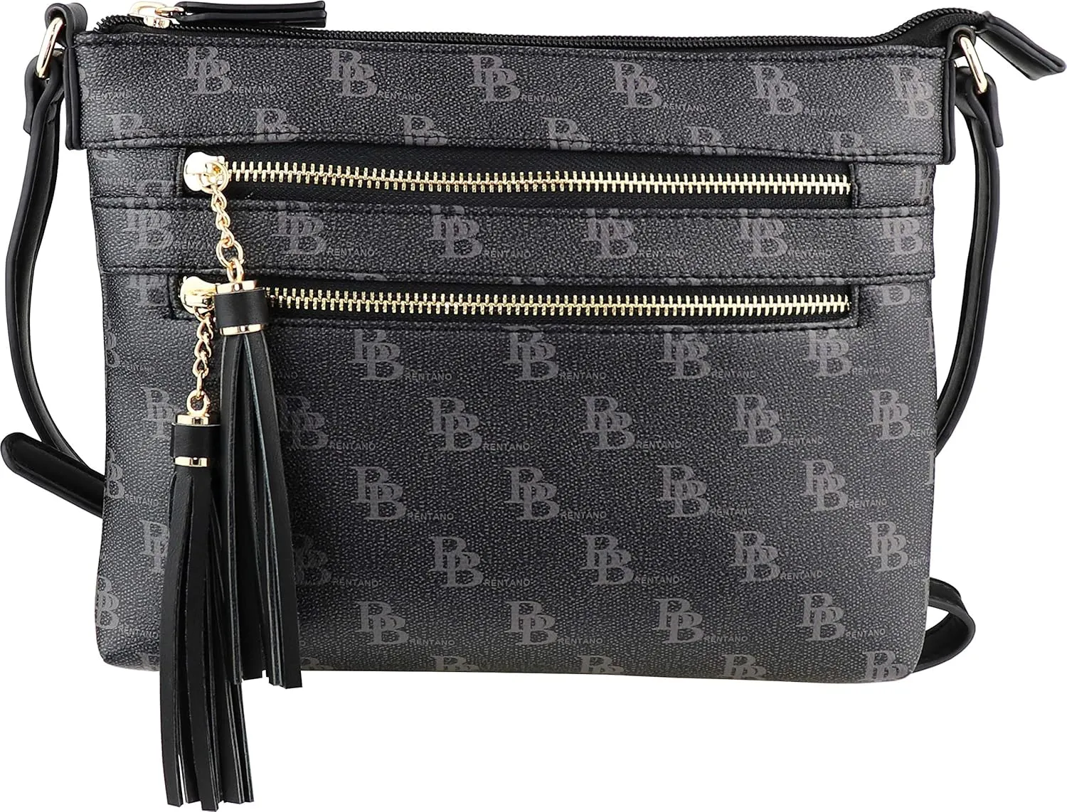 B BRENTANO Vegan Multi-Zipper Crossbody Handbag Purse with Tassel Accents