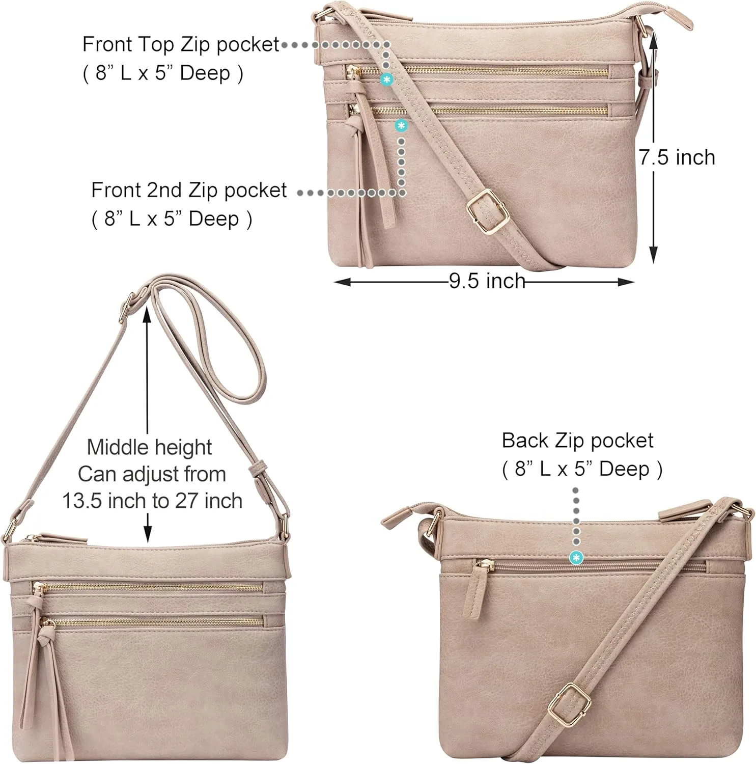 B BRENTANO Vegan Multi-Zipper Crossbody Handbag Purse with Tassel Accents