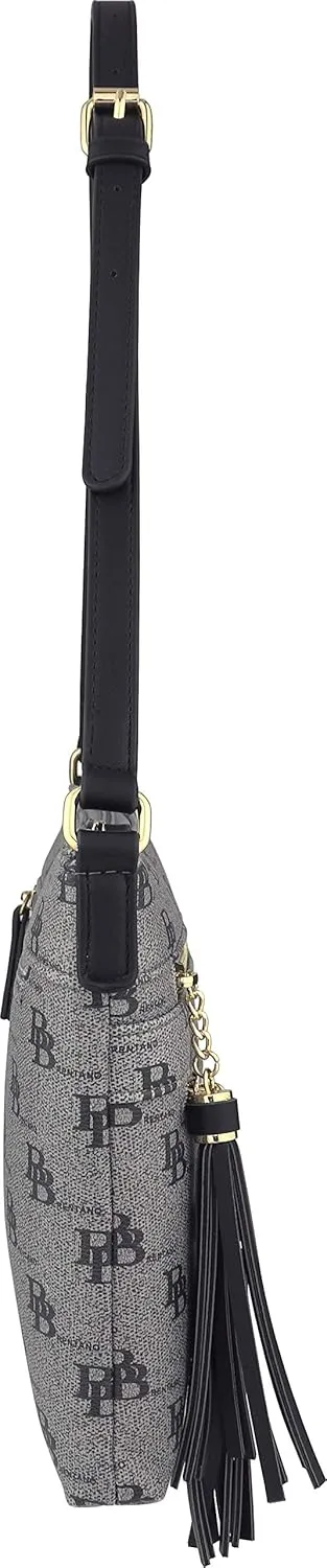 B BRENTANO Vegan Multi-Zipper Crossbody Handbag Purse with Tassel Accents