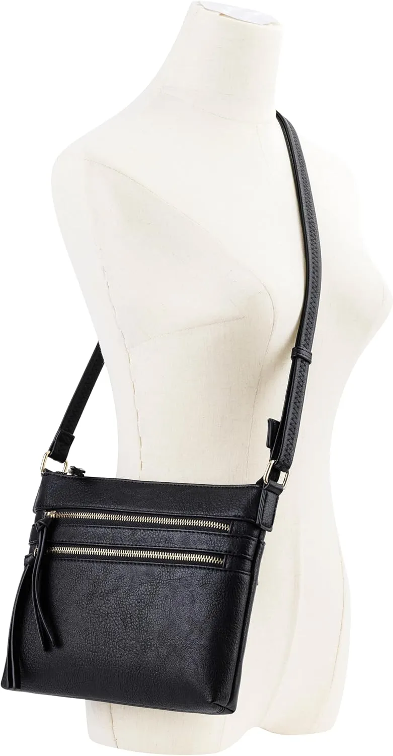 B BRENTANO Vegan Multi-Zipper Crossbody Handbag Purse with Tassel Accents
