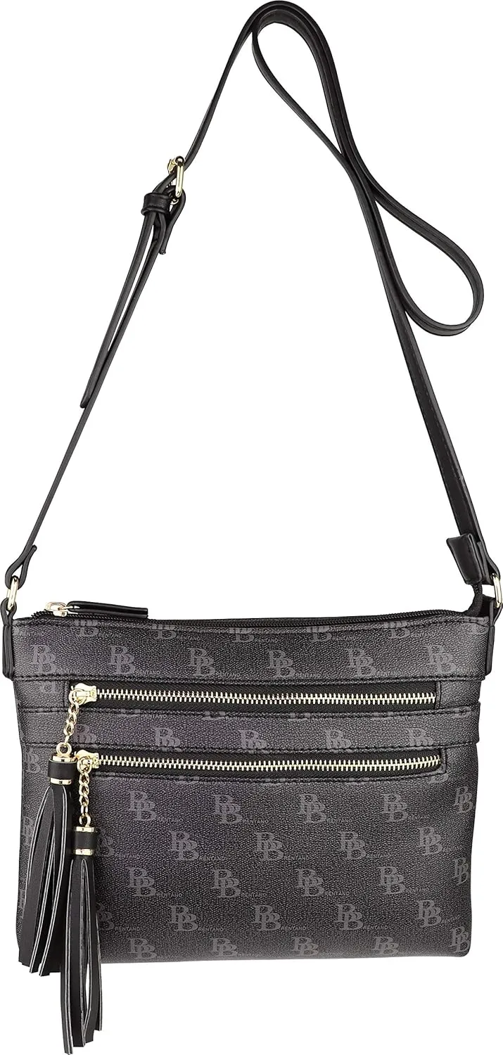 B BRENTANO Vegan Multi-Zipper Crossbody Handbag Purse with Tassel Accents