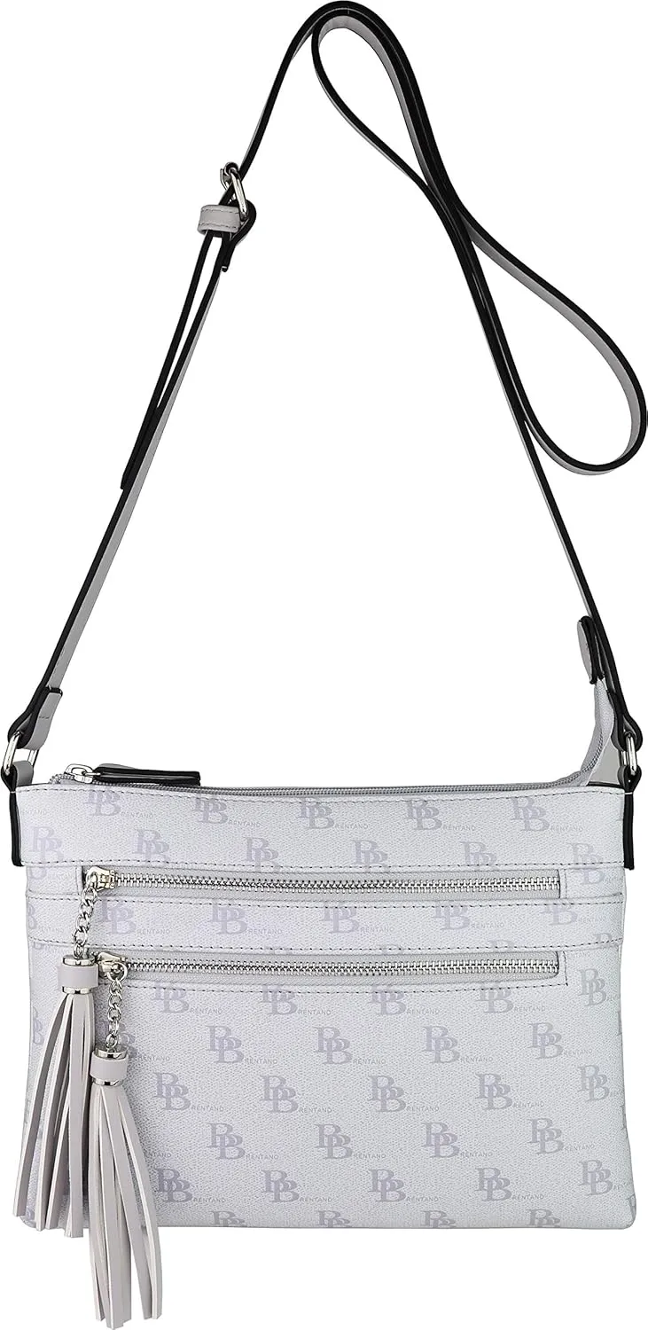 B BRENTANO Vegan Multi-Zipper Crossbody Handbag Purse with Tassel Accents
