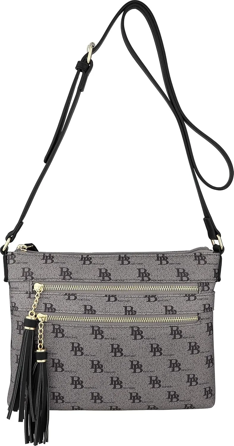 B BRENTANO Vegan Multi-Zipper Crossbody Handbag Purse with Tassel Accents