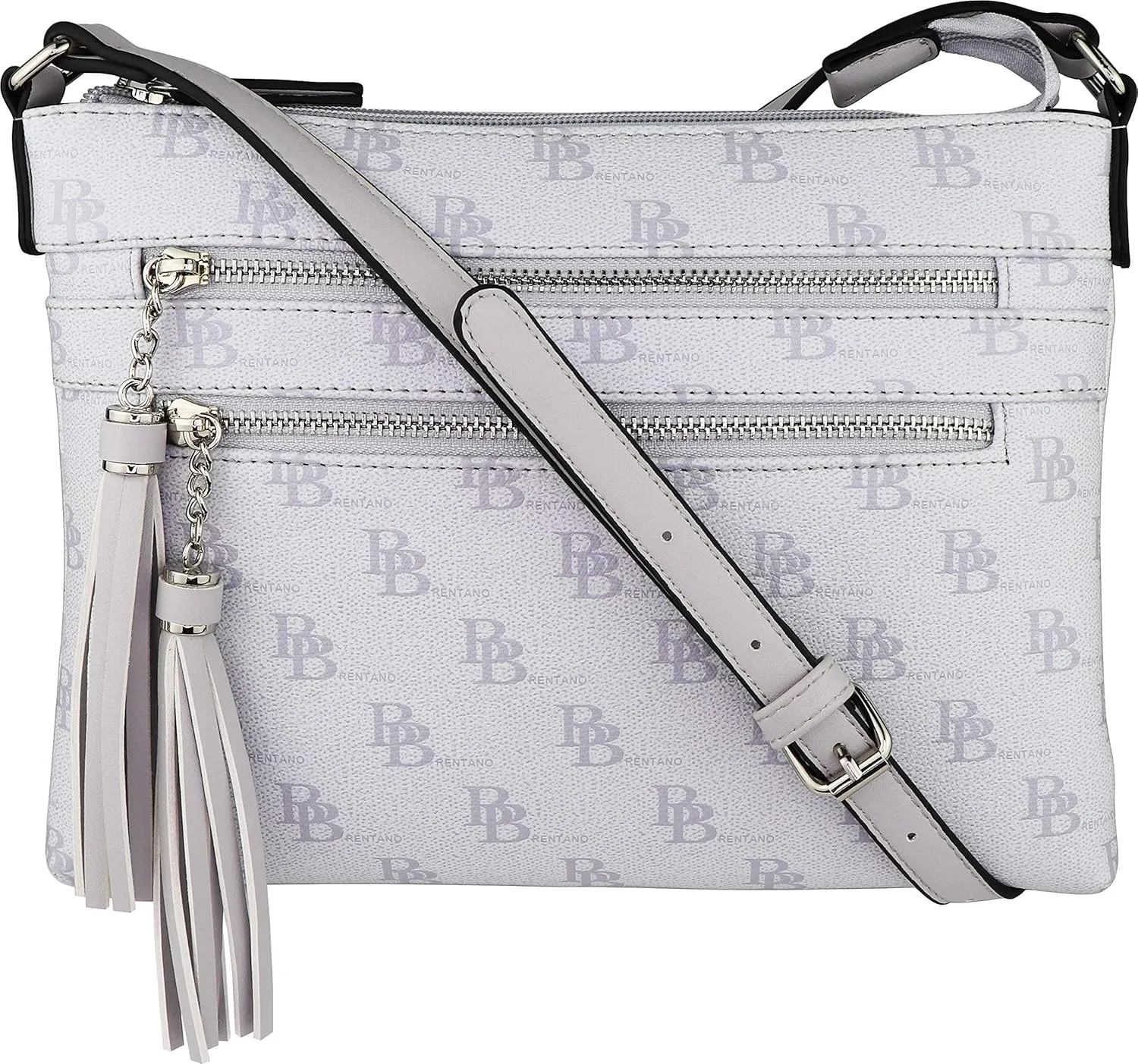 B BRENTANO Vegan Multi-Zipper Crossbody Handbag Purse with Tassel Accents