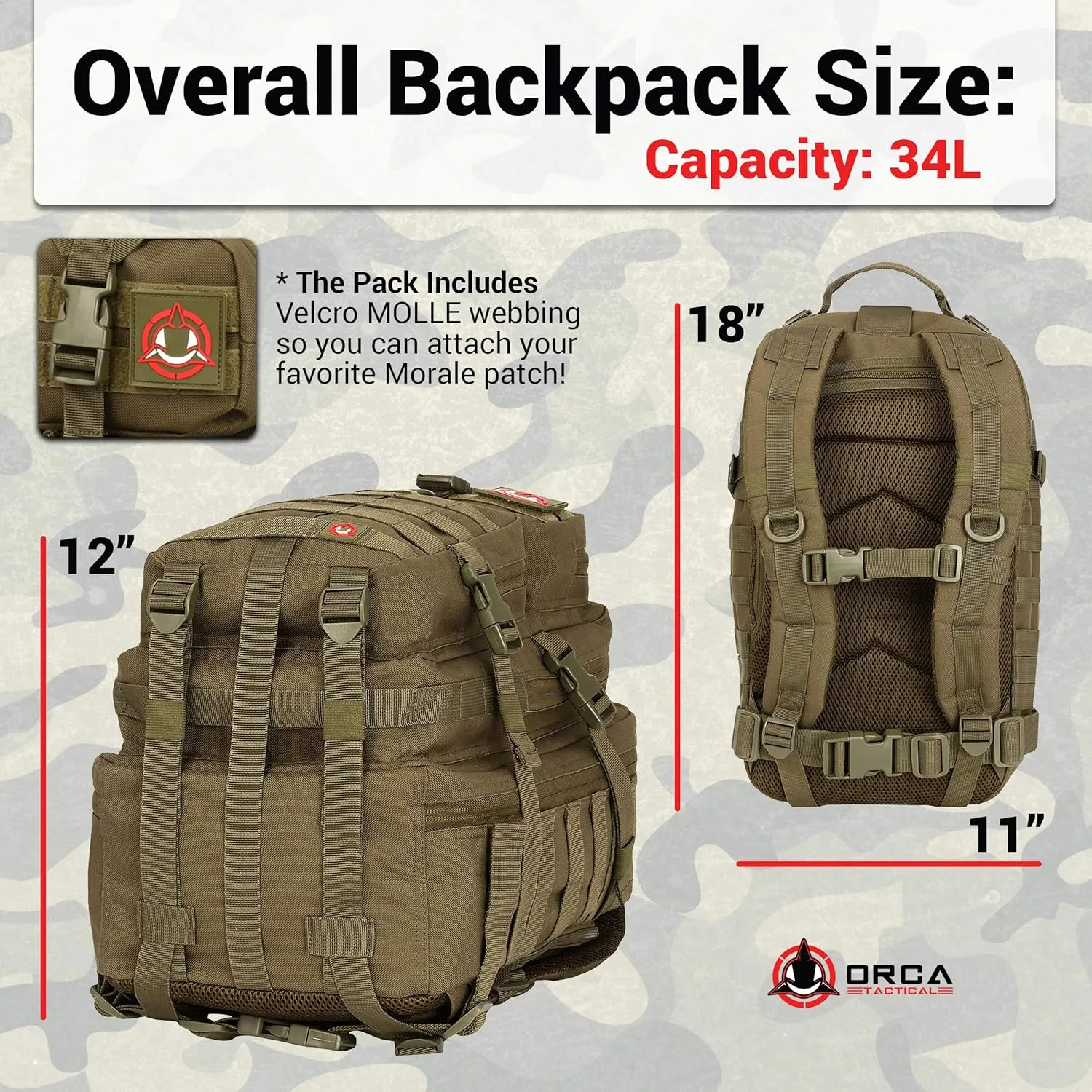 Backpack - 34L Molle Backpack - Military Army Style 1 to 2 Day Assault Pack Rucksack Survival Bag