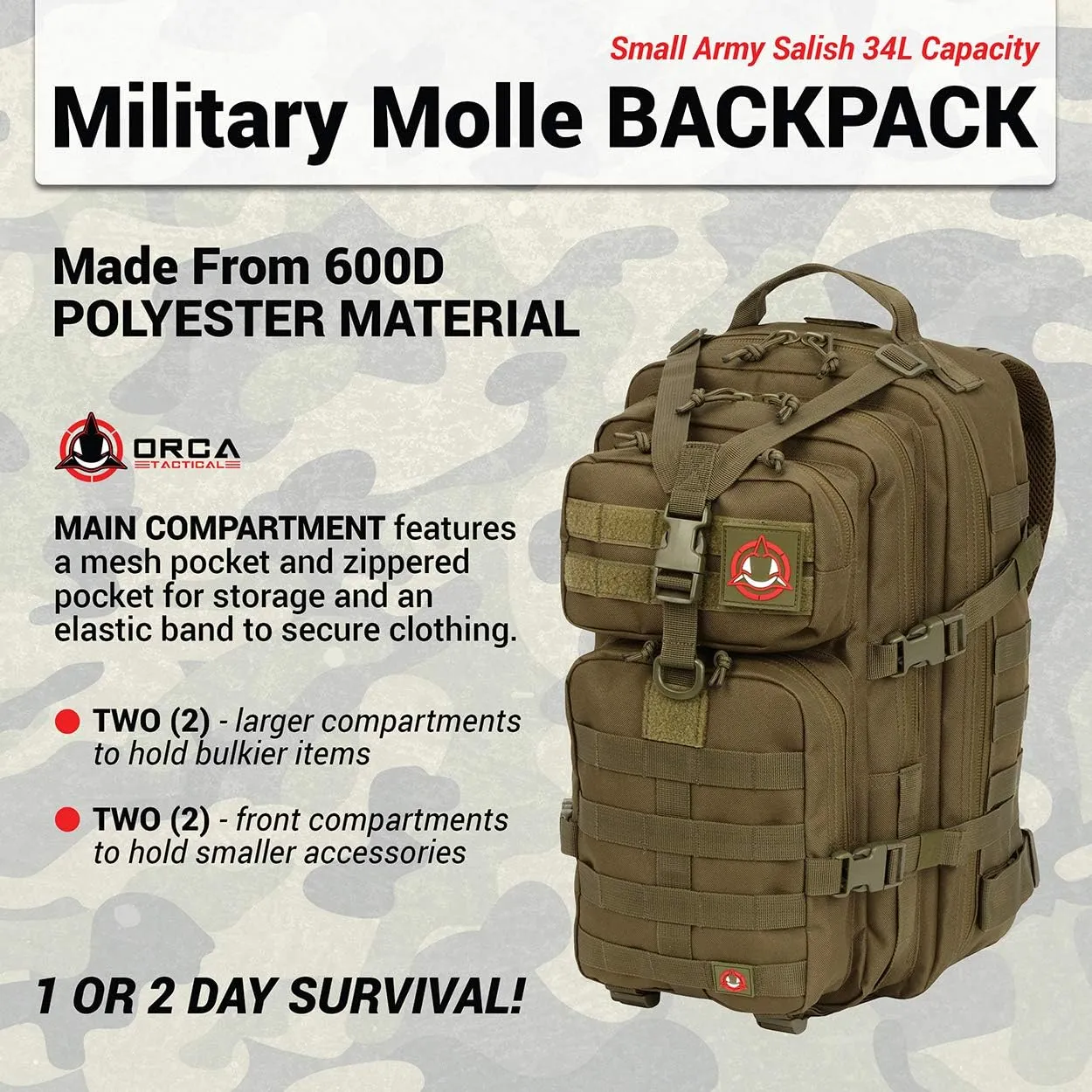 Backpack - 34L Molle Backpack - Military Army Style 1 to 2 Day Assault Pack Rucksack Survival Bag