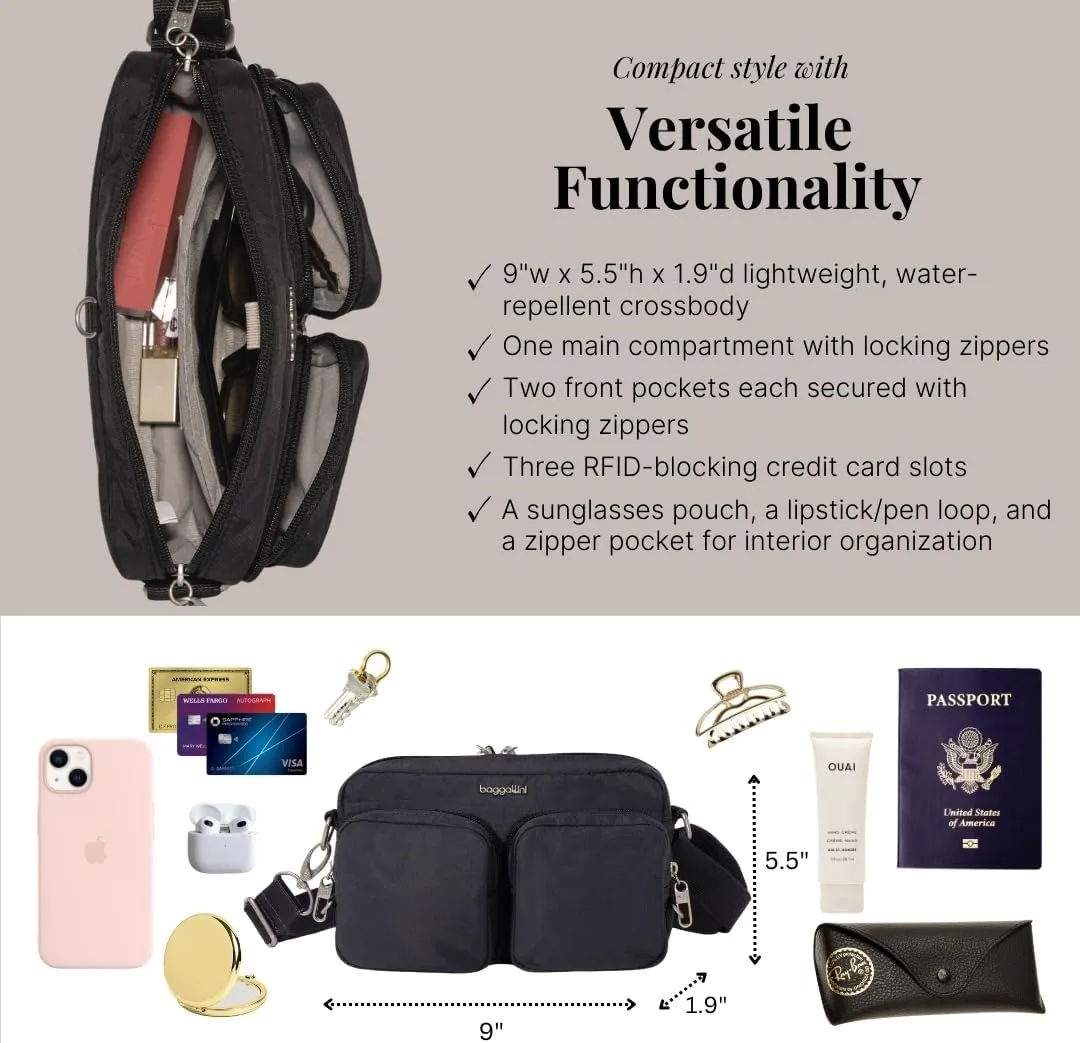 Baggallini Securtex Anti-Theft Treasure Crossbody 9"x5.5" Lightweight Travel Purse with RFID Card Slots Locking Zippers