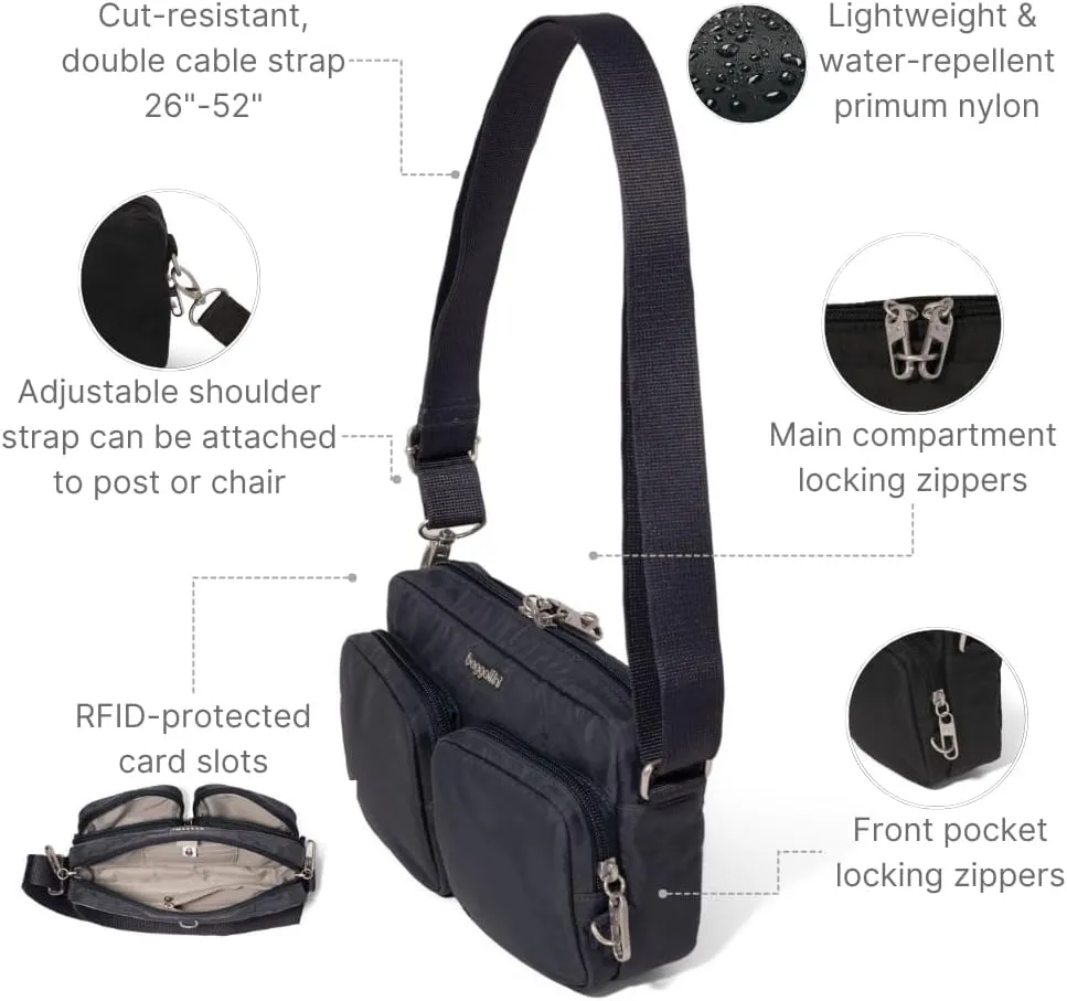 Baggallini Securtex Anti-Theft Treasure Crossbody 9"x5.5" Lightweight Travel Purse with RFID Card Slots Locking Zippers