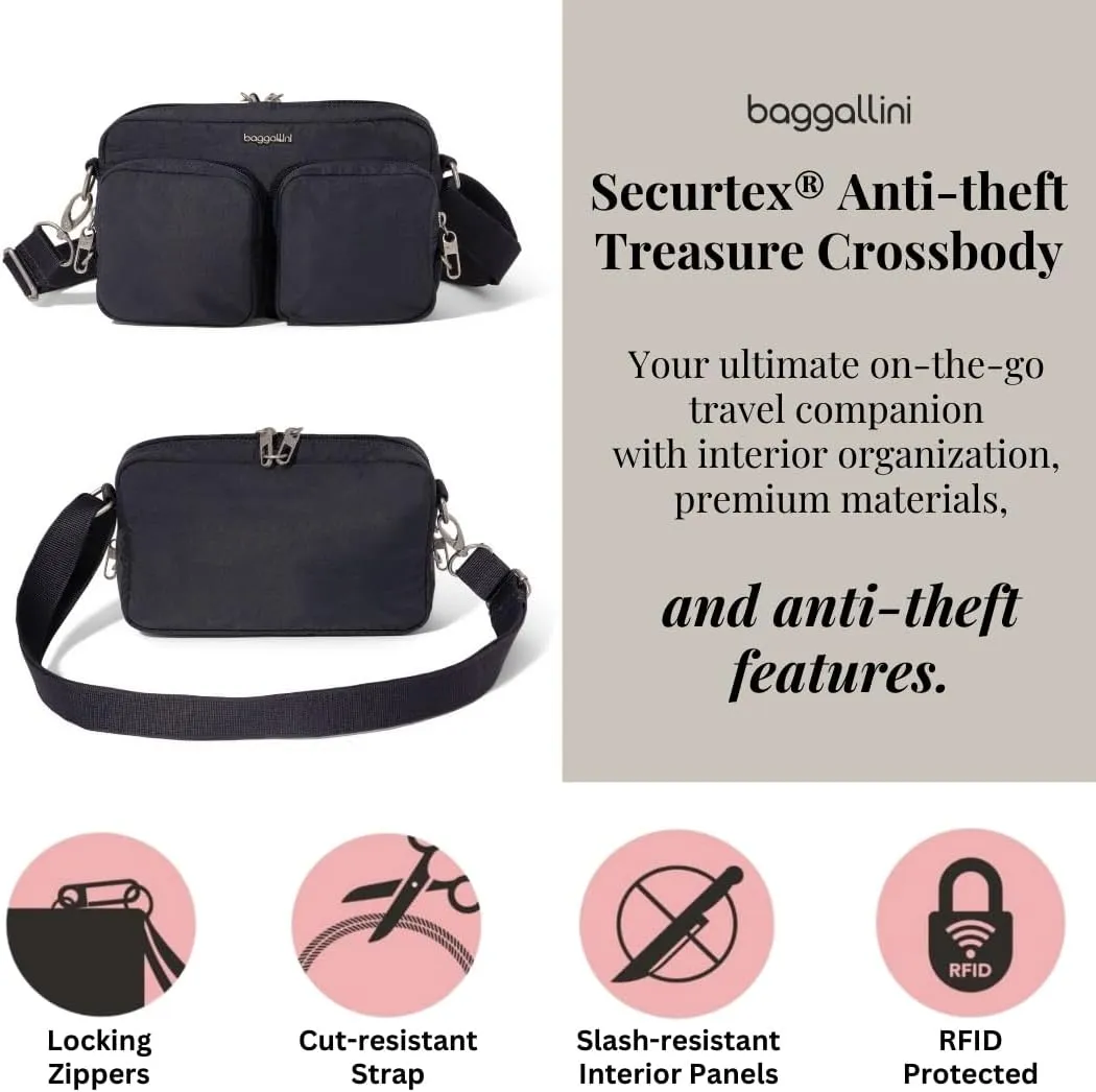 Baggallini Securtex Anti-Theft Treasure Crossbody 9"x5.5" Lightweight Travel Purse with RFID Card Slots Locking Zippers