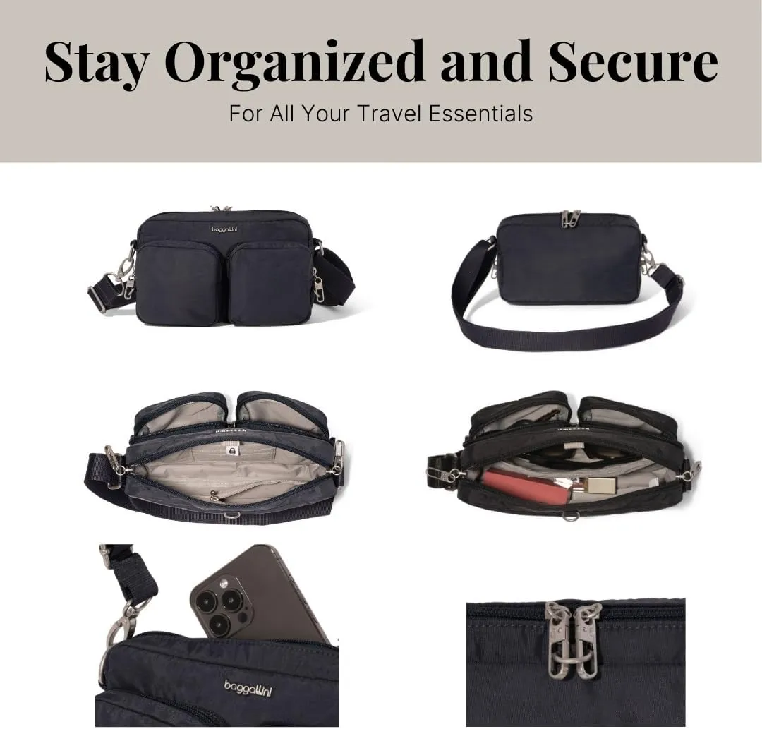 Baggallini Securtex Anti-Theft Treasure Crossbody 9"x5.5" Lightweight Travel Purse with RFID Card Slots Locking Zippers