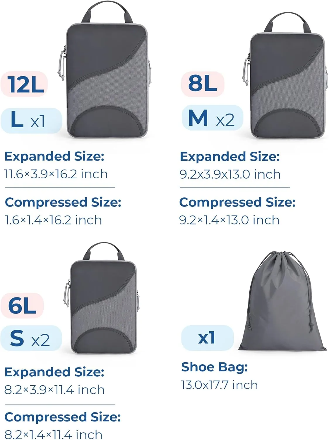 BAGSMART Compression Packing Cubes - 6 Set Travel Packing Cubes for Suitcases, Compression Suitcase Organizers with Shoe Bag