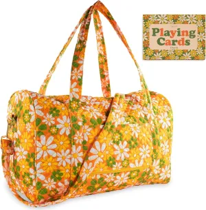 ban.do Quilted Cotton Duffel Bag for Women, Large Carry On Travel Weekend Bag Bundle with 2 Decks of Playing Cards, 52-Count Standard Card Deck with Case, Retro Floral