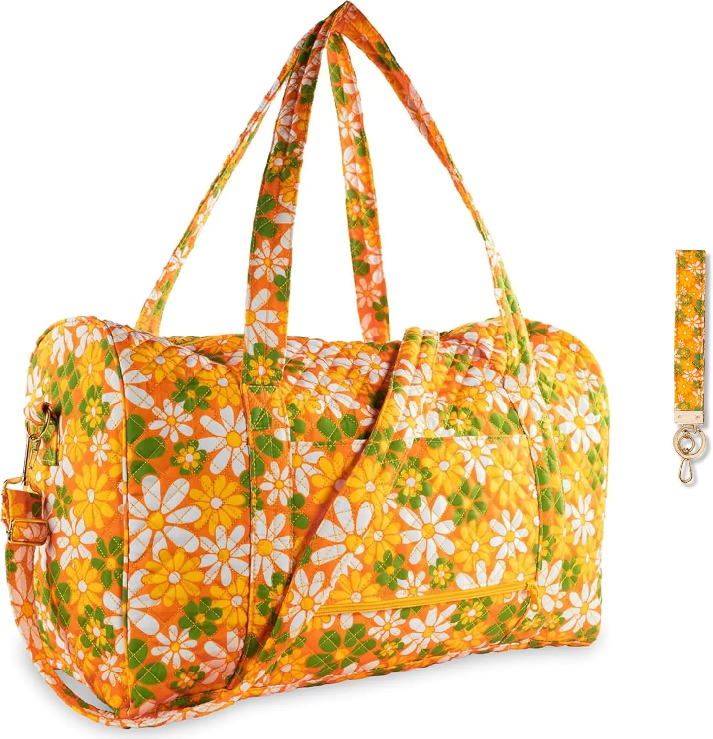 ban.do Quilted Cotton Duffel Bag for Women, Large Carry On Travel Weekend Bag Bundle with Diamond Quilted Wristlet Keychain with Gold Hardware and Keyring, Retro Floral