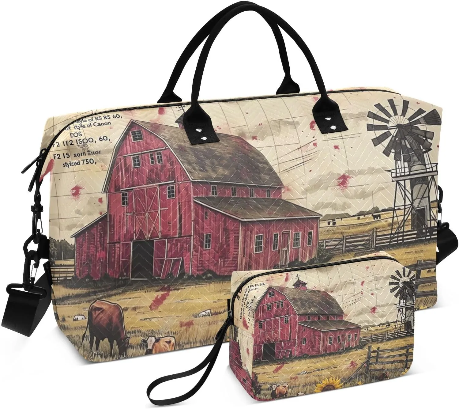 Barn Windmill Farm Retro Duffle Bag for Travel, Gym Bag with Multiple Interior Pockets for Men Women Overnight Purse Included 20.5 x 1.9 x 13.8 In