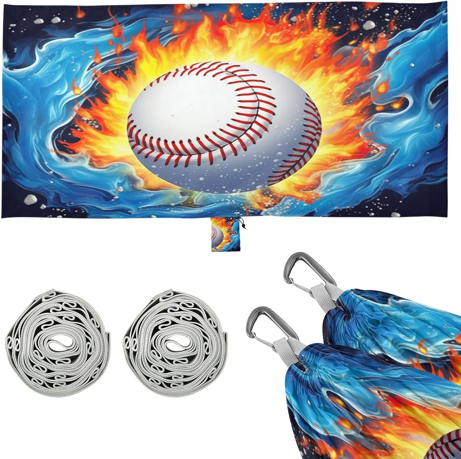 Baseball on Fire Camping Hammock, Single Portable Hammocks with Tree Straps & Attached Carry Bag, 330Lbs Capacity Perfect for Outside Indoor Hiking Beach Backpack Travel