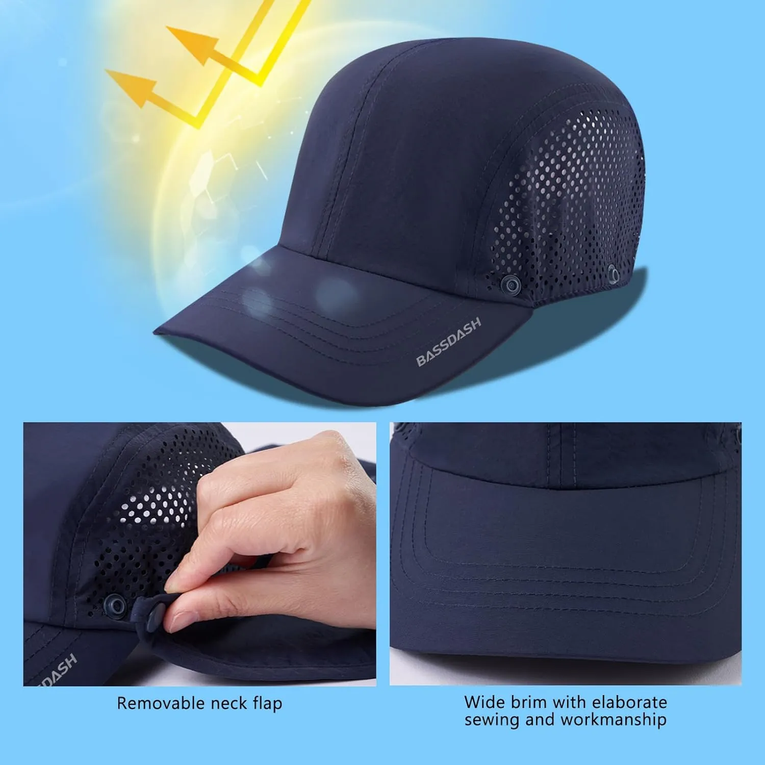 BASSDASH UPF 50  Foldable Fishing Hat Baseball Cap with Removable Neck Flap Portable for Men Women Golf Hiking