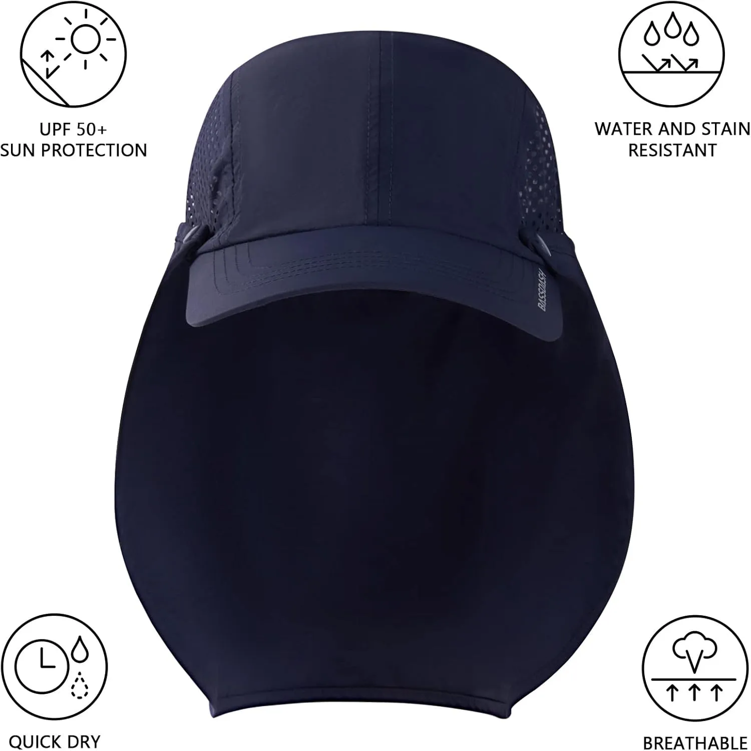 BASSDASH UPF 50  Foldable Fishing Hat Baseball Cap with Removable Neck Flap Portable for Men Women Golf Hiking