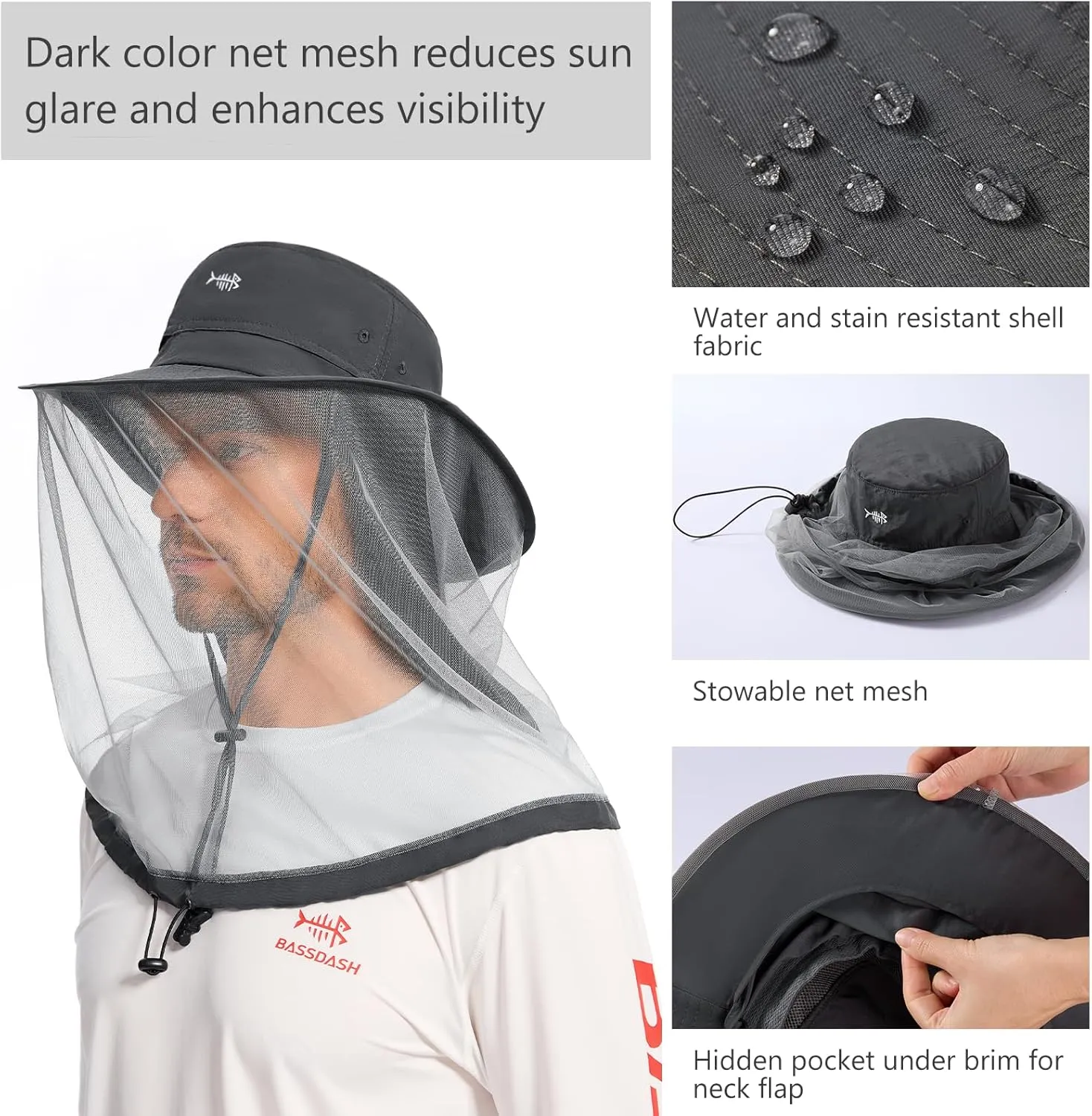 BASSDASH UPF 50  Mosquito Net Hat with Stowable Neck Flap for Men Women Outdoor Fishing Hiking Camping Gardening FH17