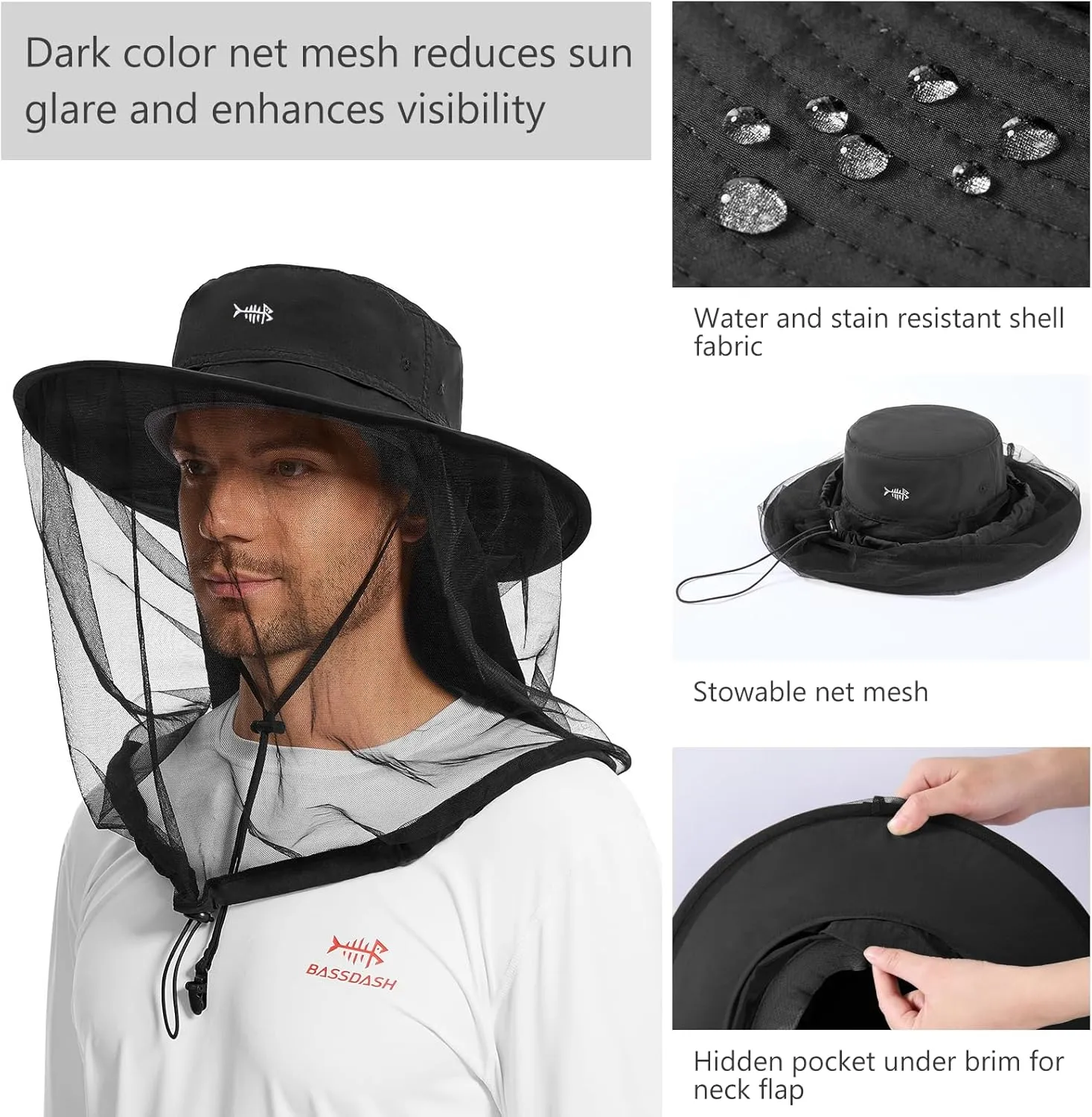 BASSDASH UPF 50  Mosquito Net Hat with Stowable Neck Flap for Men Women Outdoor Fishing Hiking Camping Gardening FH17