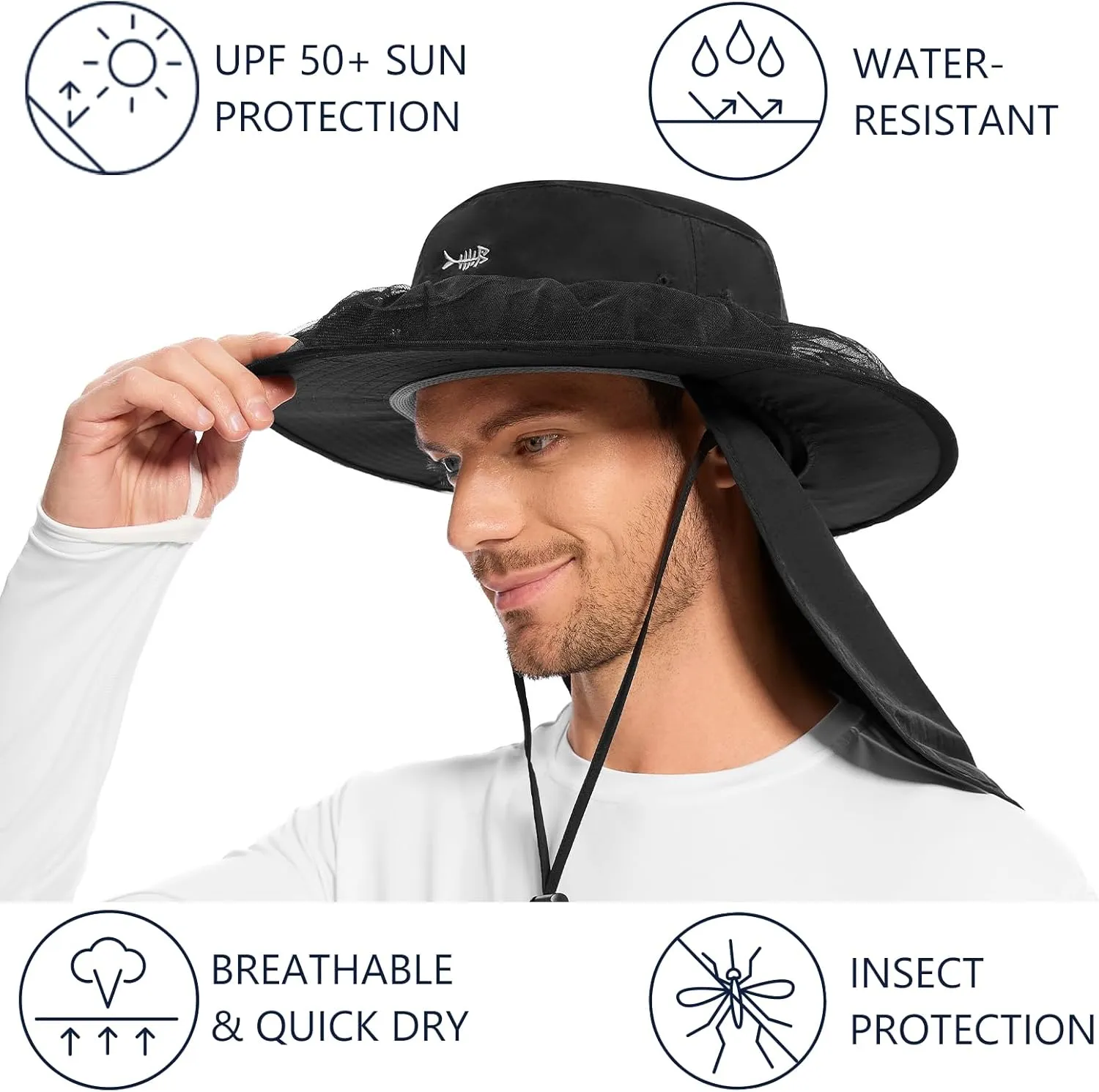 BASSDASH UPF 50  Mosquito Net Hat with Stowable Neck Flap for Men Women Outdoor Fishing Hiking Camping Gardening FH17