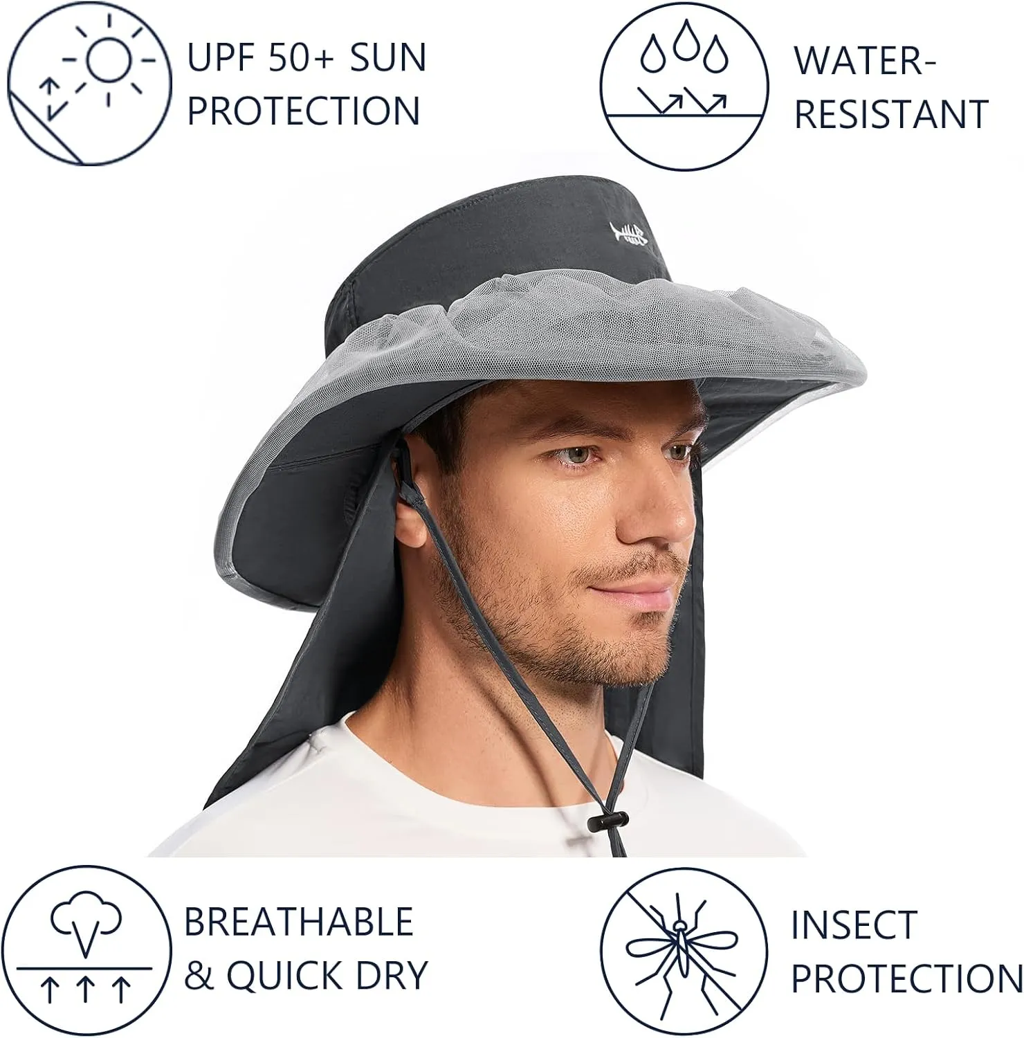 BASSDASH UPF 50  Mosquito Net Hat with Stowable Neck Flap for Men Women Outdoor Fishing Hiking Camping Gardening FH17