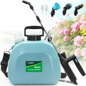Battery Powered 2 Gallon Electric Sprayer With 3 Mist Nozzles, Rechargeable Handle, Retractable Wand, Adjustable Shoulder Strap for Lawn, Garden, Cleaning
