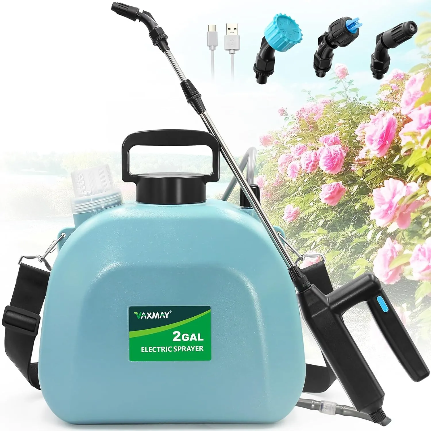 Battery Powered 2 Gallon Electric Sprayer With 3 Mist Nozzles, Rechargeable Handle, Retractable Wand, Adjustable Shoulder Strap for Lawn, Garden, Cleaning