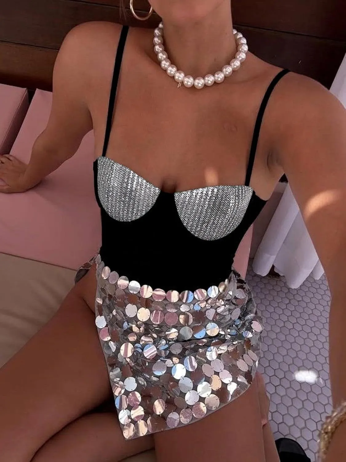BEJONS Women Sexy Sequin Bra Tank Top Dressy Metallic Sparkly Holiday Festival Shirt