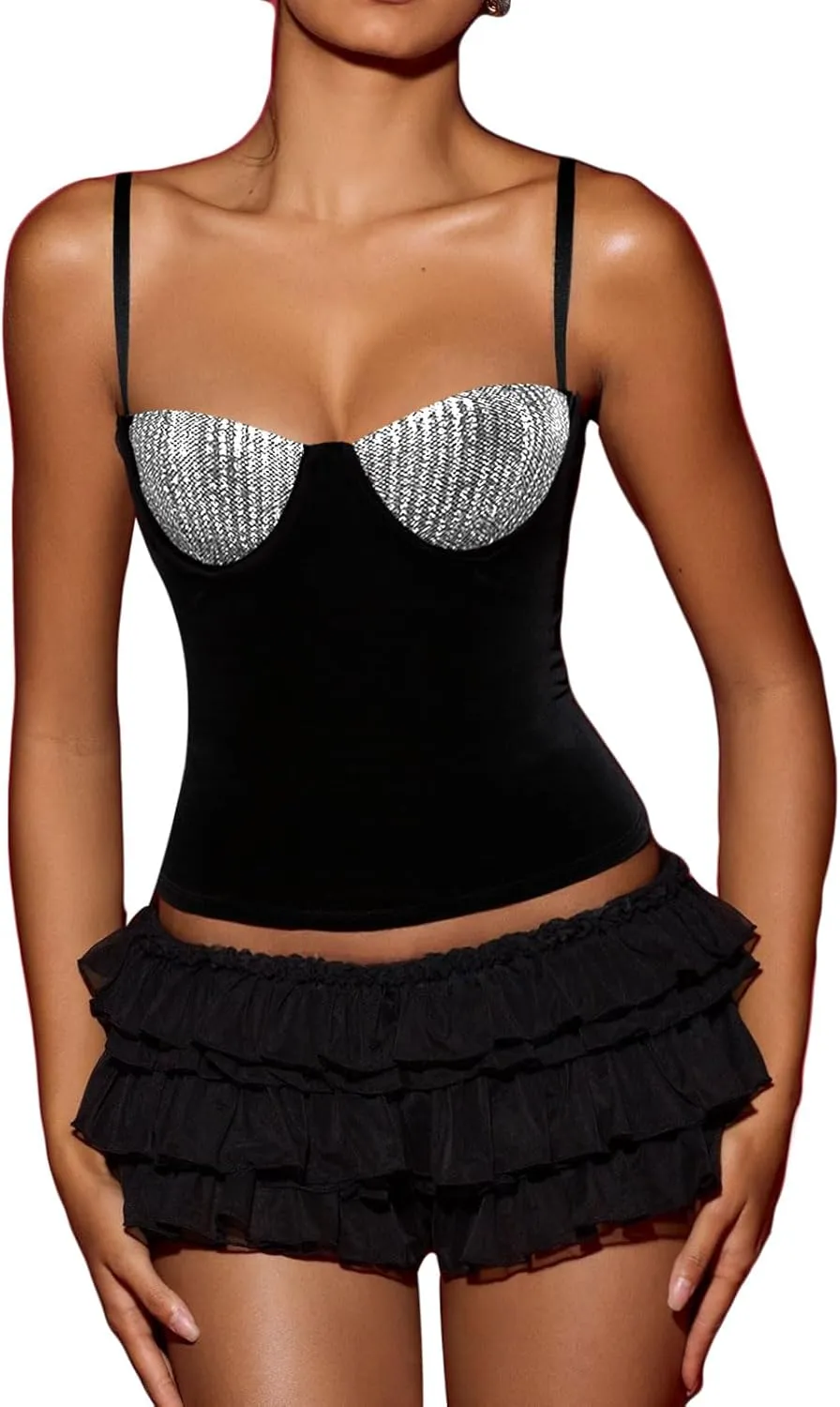 BEJONS Women Sexy Sequin Bra Tank Top Dressy Metallic Sparkly Holiday Festival Shirt