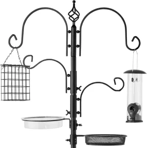 Best Choice Products 91in 4-Hook Feeding Station, Steel Multi-Feeder Kit Stand for Attracting Wild Birds w/ 2 Bird Feeders, Mesh Tray, Bird Bath, 4-Prong Base - Black