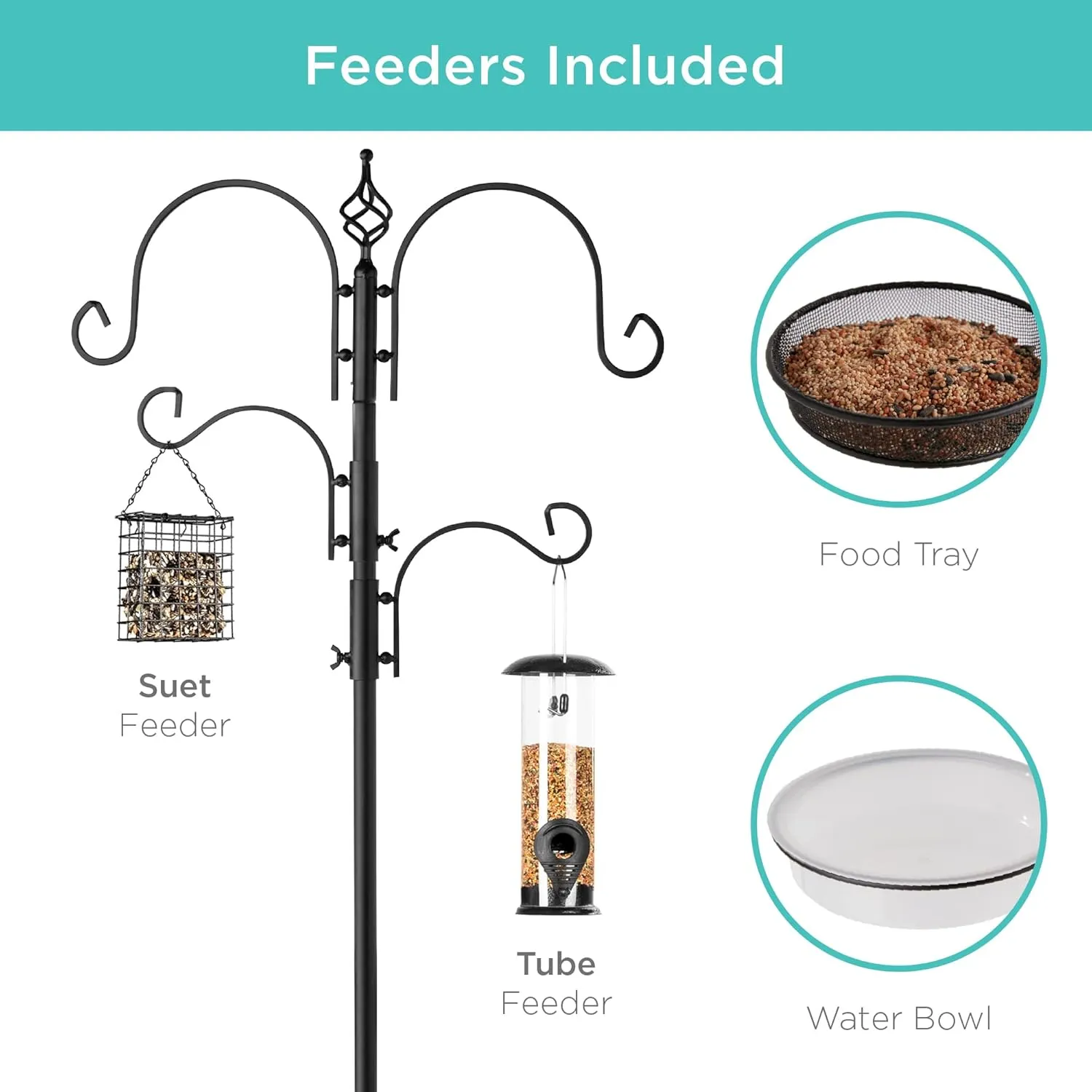 Best Choice Products 91in 4-Hook Feeding Station, Steel Multi-Feeder Kit Stand for Attracting Wild Birds w/ 2 Bird Feeders, Mesh Tray, Bird Bath, 4-Prong Base - Black