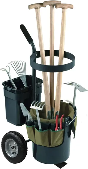 biosp Garden Carts Heavy Duty Rolling Lawn Yard Mobile Gardening Trolley Wheeled with 5 Gallon Bucket Oxford Bag Tool Organizer Storage