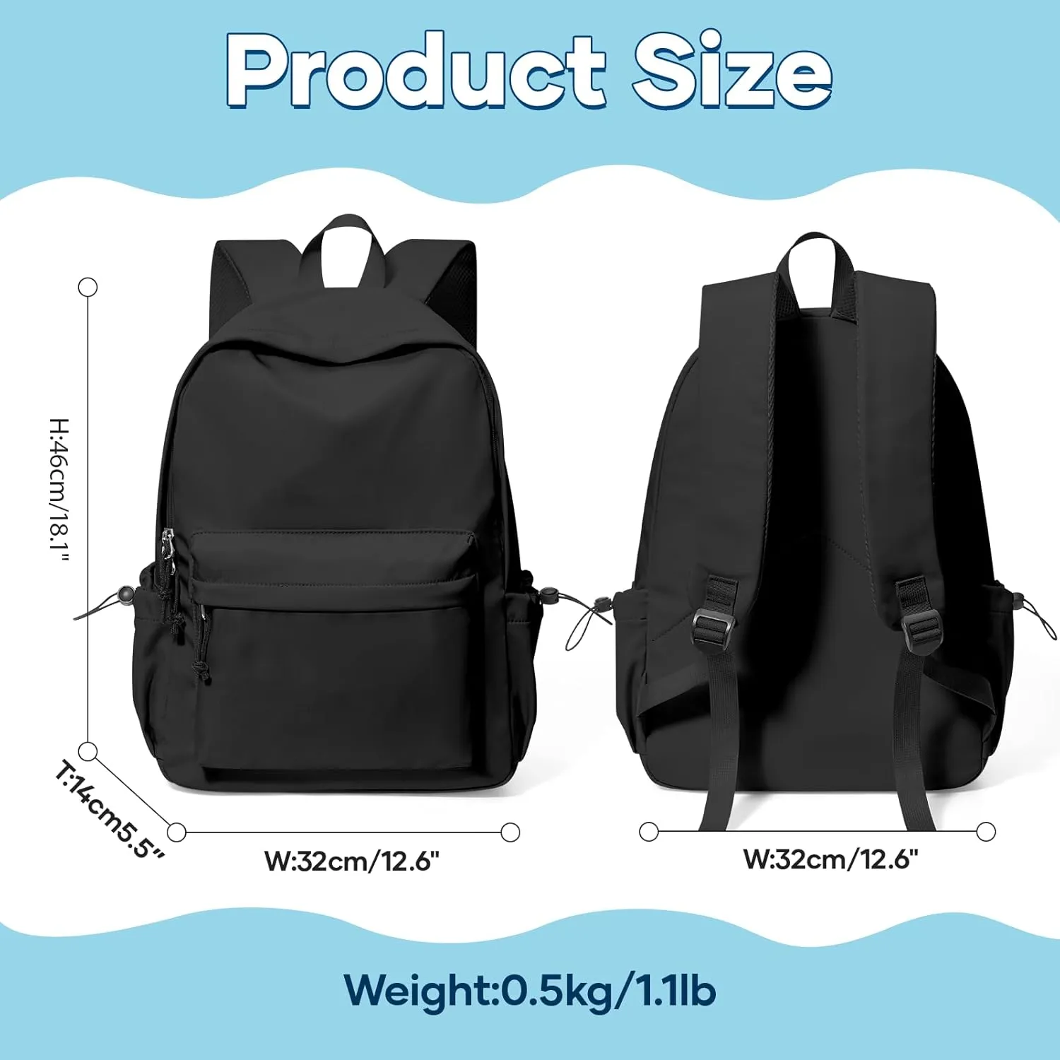 Black Backpack Lightweight Bag Waterproof High Middle school college Backpack For Boys Girls Bookbag Cute Aesthetic Backpacks Casual Daypack For Men Women