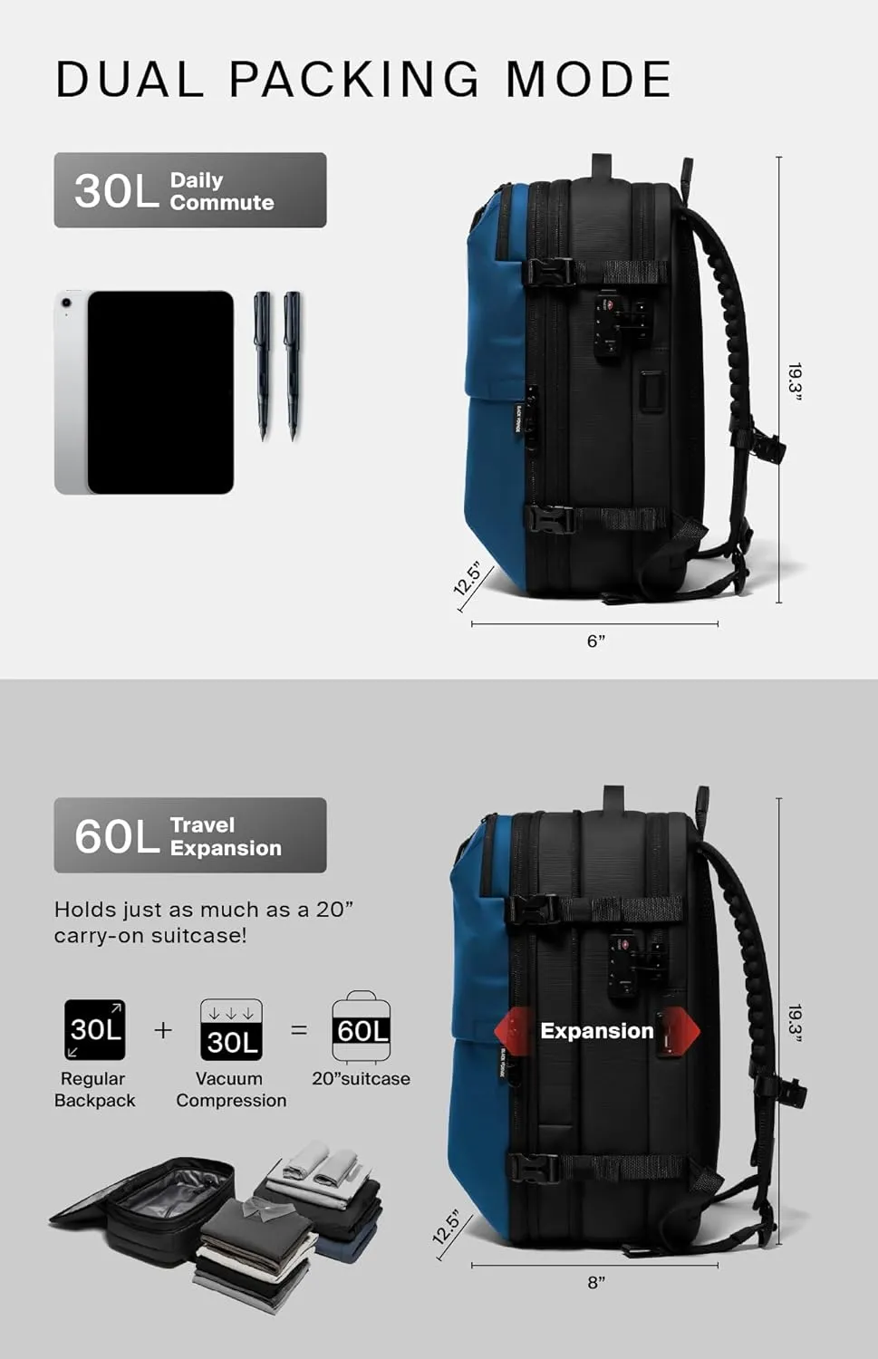 Black Voyage Vortex Vacuum Seal Travel Backpack 60L Exapandable Air Compression System Water Resistant TSA Lock Carry-On Suitcase Luggage Blue AERO - No Vacuum Pump