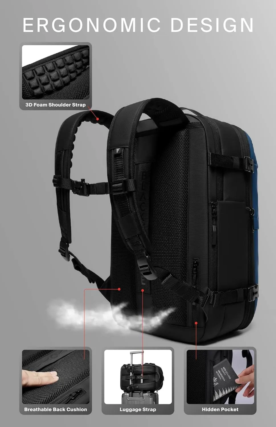 Black Voyage Vortex Vacuum Seal Travel Backpack 60L Exapandable Air Compression System Water Resistant TSA Lock Carry-On Suitcase Luggage Blue AERO - No Vacuum Pump