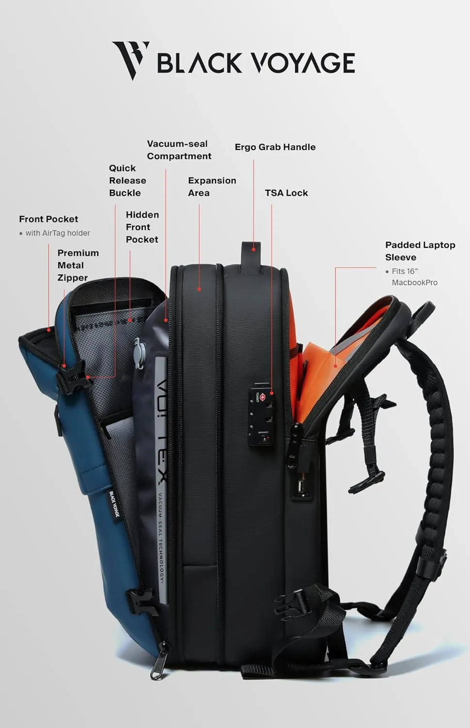 Black Voyage Vortex Vacuum Seal Travel Backpack 60L Exapandable Air Compression System Water Resistant TSA Lock Carry-On Suitcase Luggage Blue AERO - No Vacuum Pump