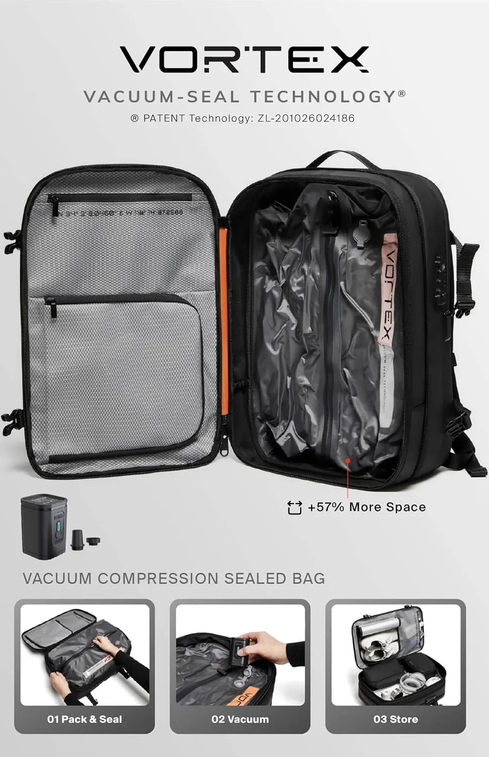 Black Voyage Vortex Vacuum Seal Travel Backpack 60L Exapandable Air Compression System Water Resistant TSA Lock Carry-On Suitcase Luggage Blue AERO - No Vacuum Pump