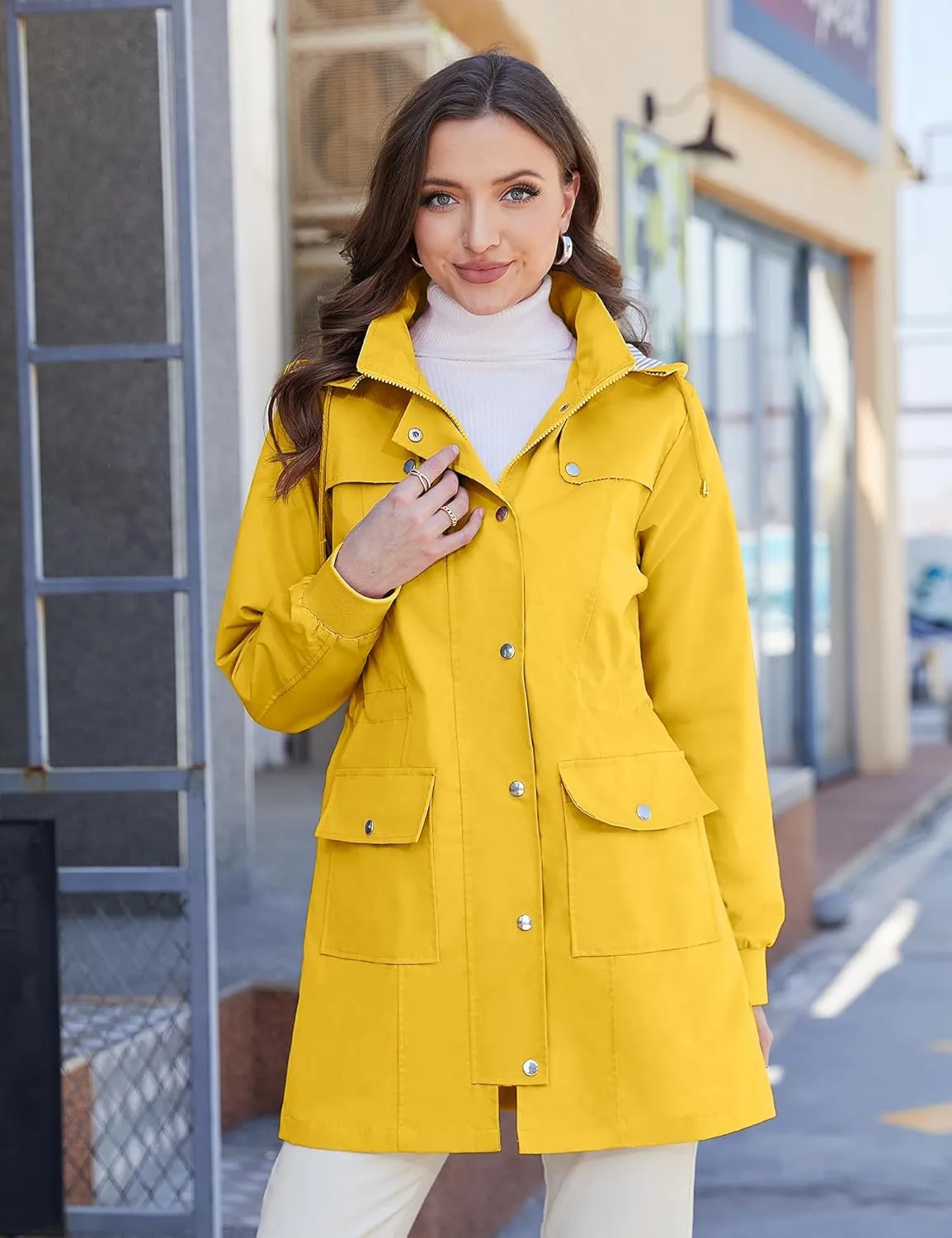Bloggerlove Rain Jacket Women Lightweight Raincoat Waterproof Windbreaker Striped Climbing Outdoor Hooded Trench Coats S-XXL