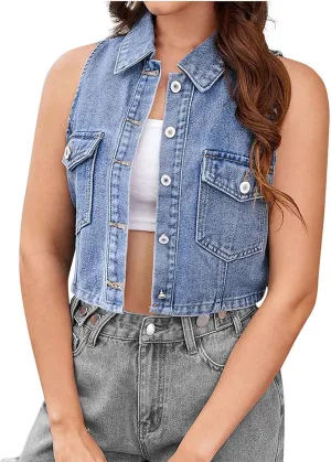 Blouse for Womens Dressy Casual Sleeveless Turndown Collar Button Up Denim Shirts with Pockets Loose Comfy Streetwear