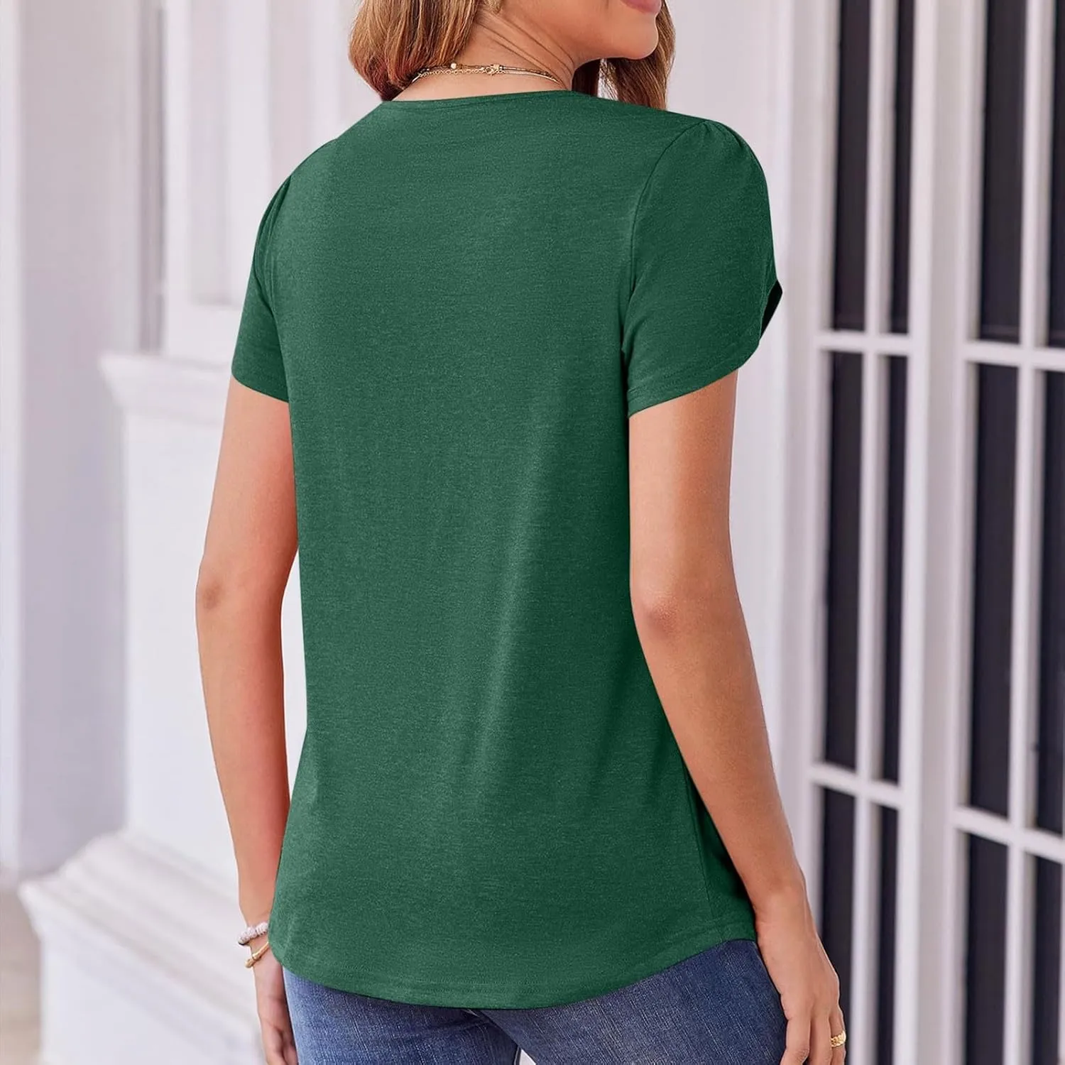 Blouses for Women Dressy Casual 2025 Summer Short Sleeve Loose Fit Tops Petal Sleeve Pleated Tunic Curved Hem