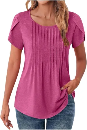 Blouses for Women Dressy Casual 2025 Summer Short Sleeve Loose Fit Tops Petal Sleeve Pleated Tunic Curved Hem