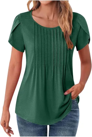 Blouses for Women Dressy Casual 2025 Summer Short Sleeve Loose Fit Tops Petal Sleeve Pleated Tunic Curved Hem