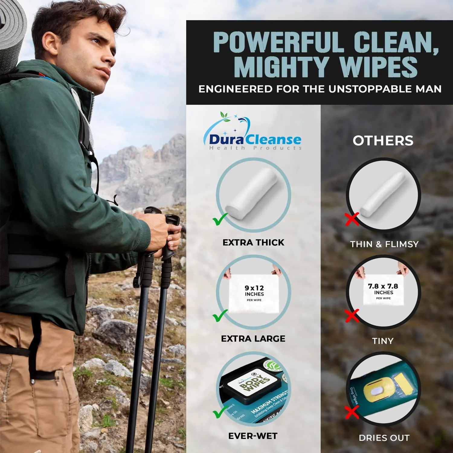Body Wipes for Men (2pk) - 100 XL No Rinse Shower Sheets   8 Travel Bath Wipes - 9"x12" After Gym Adult Washcloths - Mens Deodorant & Face Towels For Camping Essentials, Survival Gear and Supplies