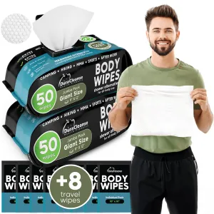 Body Wipes for Men (2pk) - 100 XL No Rinse Shower Sheets   8 Travel Bath Wipes - 9"x12" After Gym Adult Washcloths - Mens Deodorant & Face Towels For Camping Essentials, Survival Gear and Supplies
