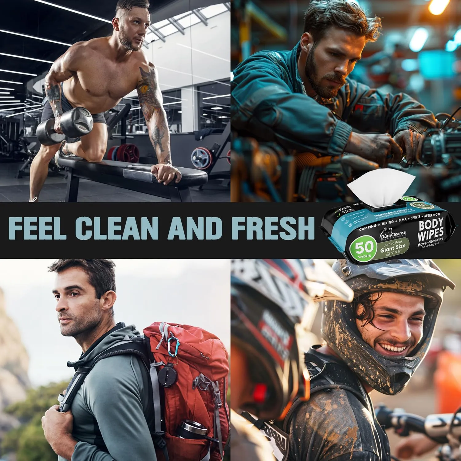 Body Wipes for Men (2pk) - 100 XL No Rinse Shower Sheets   8 Travel Bath Wipes - 9"x12" After Gym Adult Washcloths - Mens Deodorant & Face Towels For Camping Essentials, Survival Gear and Supplies