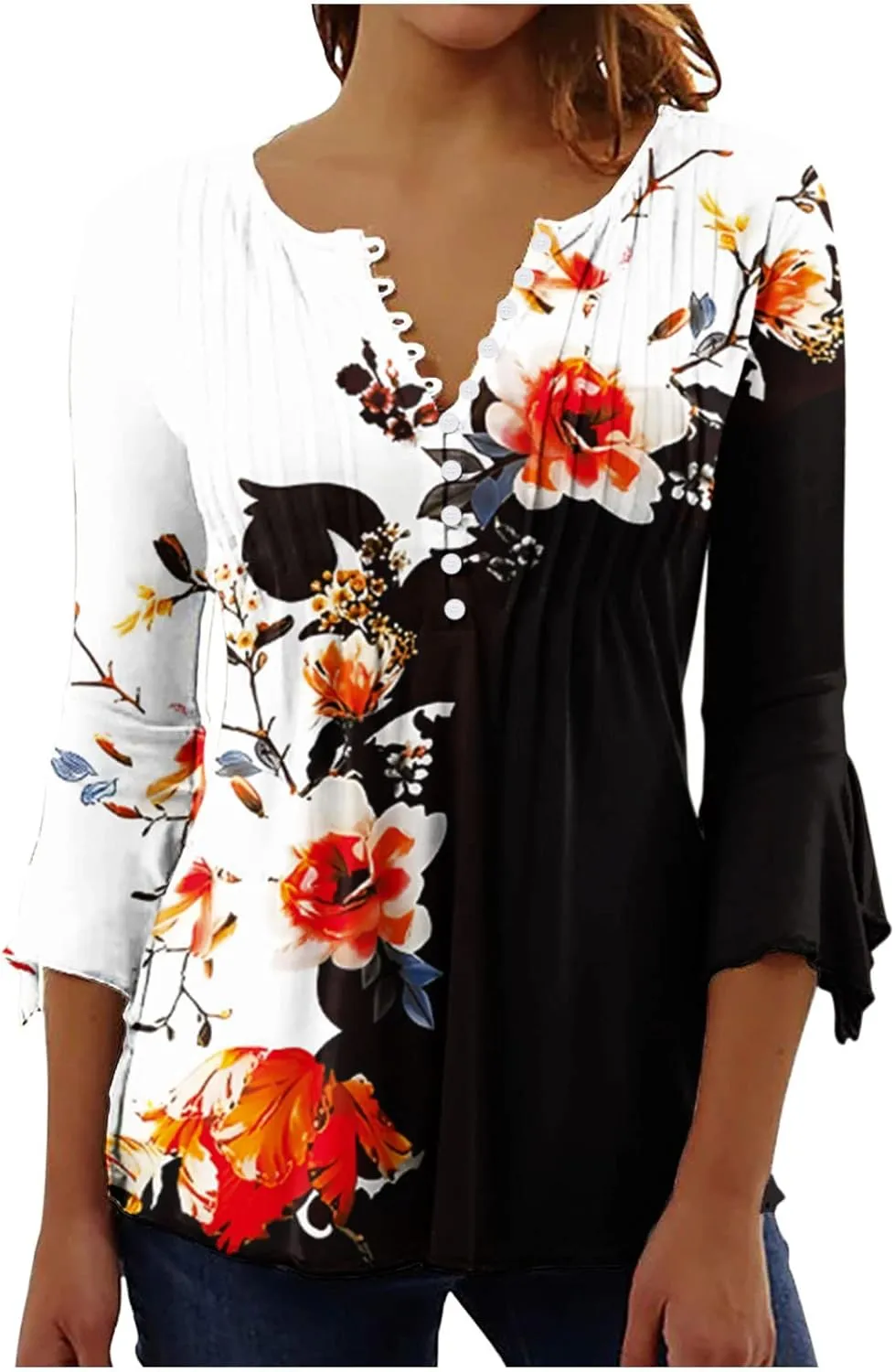 Bohemian Tops for Women Trendy 2023 Sexy Elegant t-Shirt Boho Floral Print 3/4 Bell Sleeve v Neck Shirts Blouse